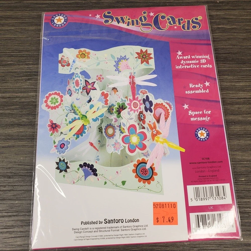 SWING CARD Dragonflies And Flowers‎ 3-D 3-Dimensional Pop-up Card 6x8